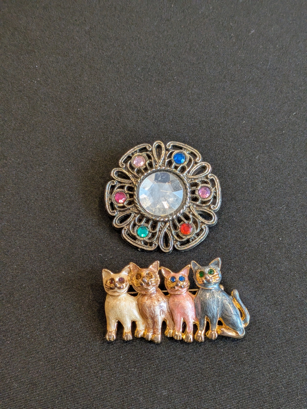 Vintage-Inspired Gem Flower Brooch and Four Cat Pins - Flower 1260s Cat 1970s